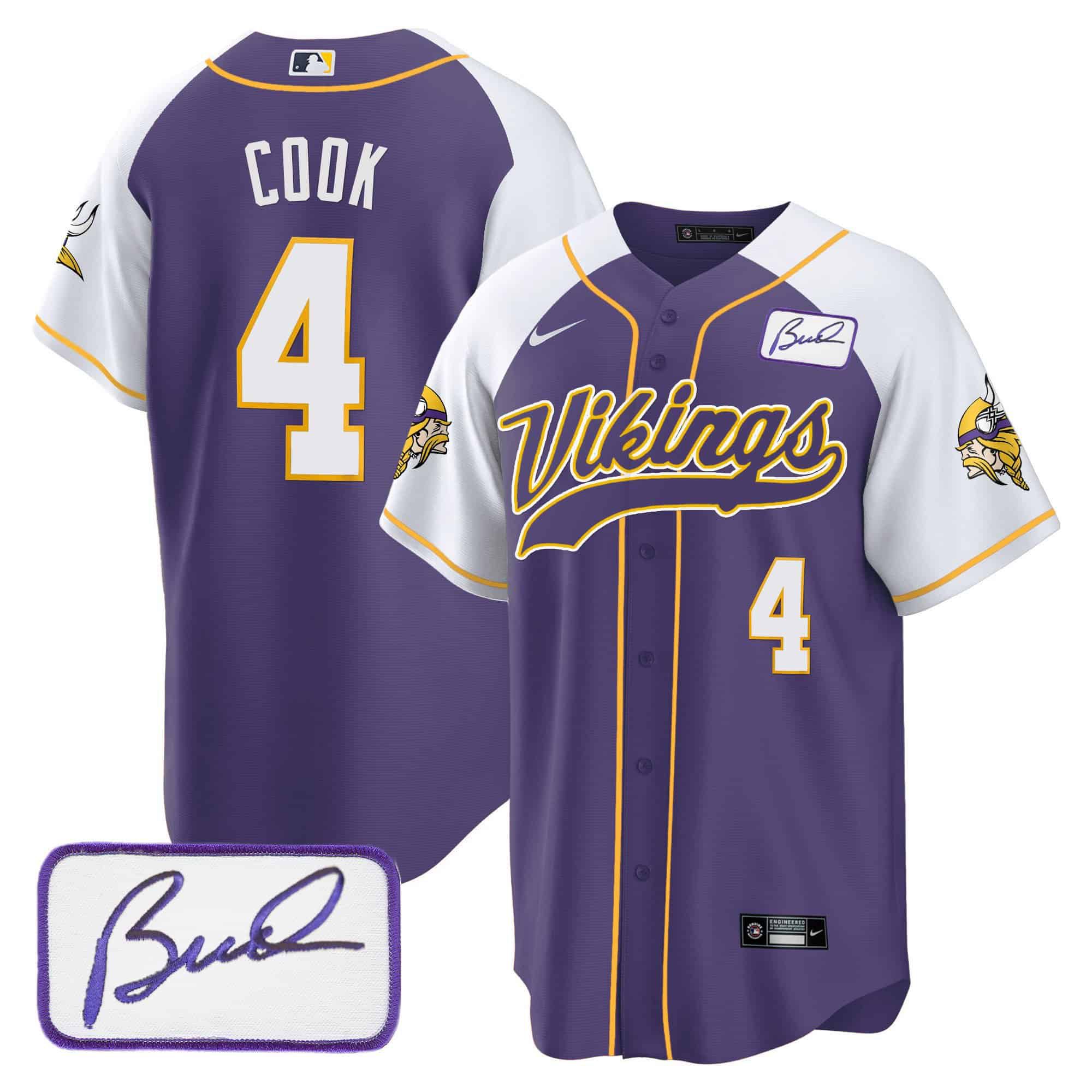 Men Minnesota Vikings #4 Cook Purple 2024 Nike Bud Grant Patch Classic Baseball NFL Jersey